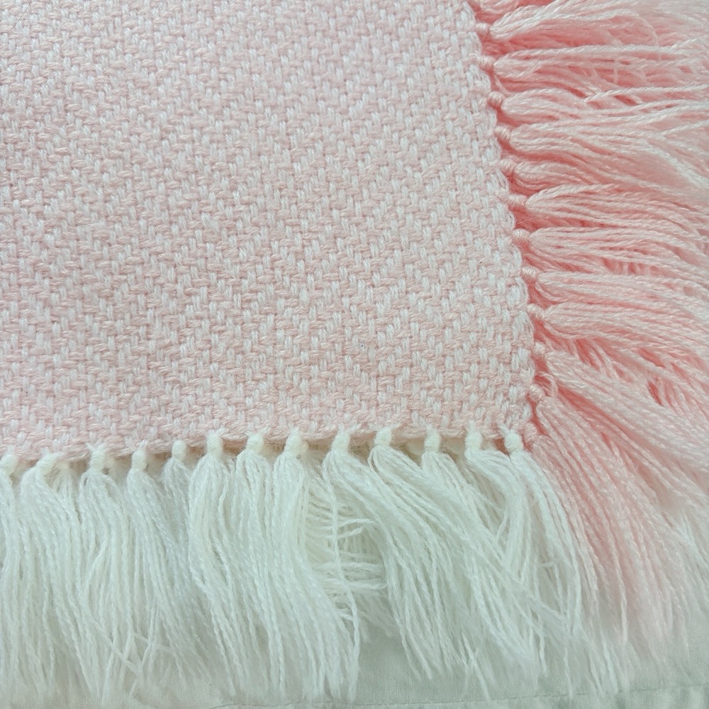 Vintage Feltman Bros Baby Blanket Pink Hand Loomed Soft Fringe Pink White READ